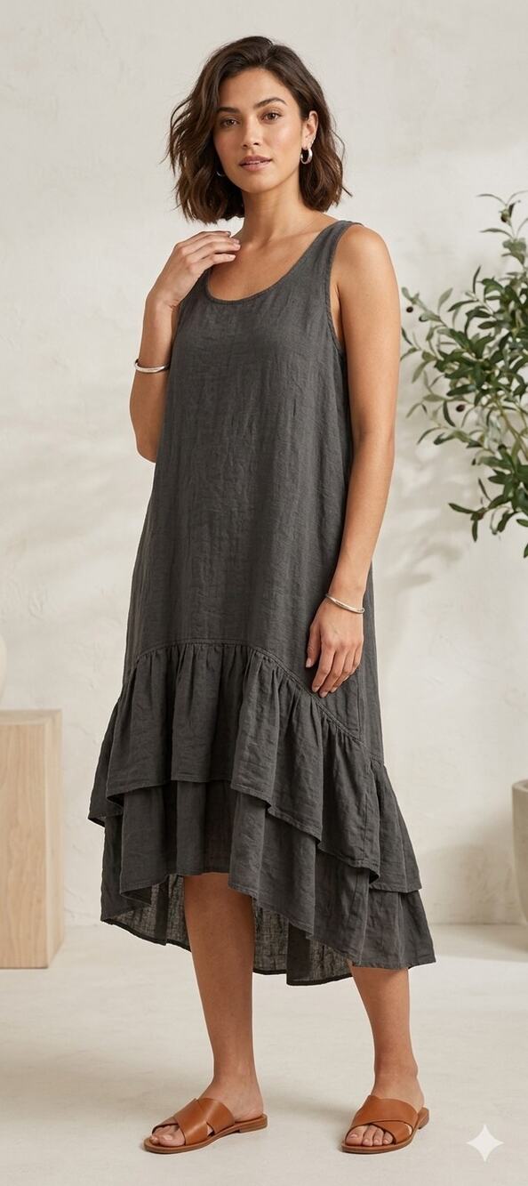 Meo Meli Made in Italy 100% Linen Sleeveless Tiered Maxi Dress Dark Gray OS